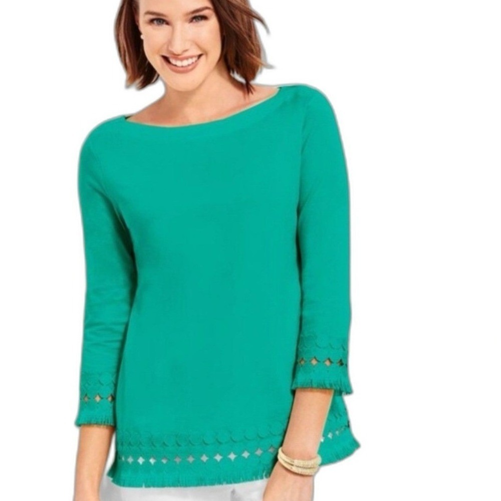 Talbots Woman Pima Cotton Boatneck Top Teal Fringe Eyelet Hem Size X NEW